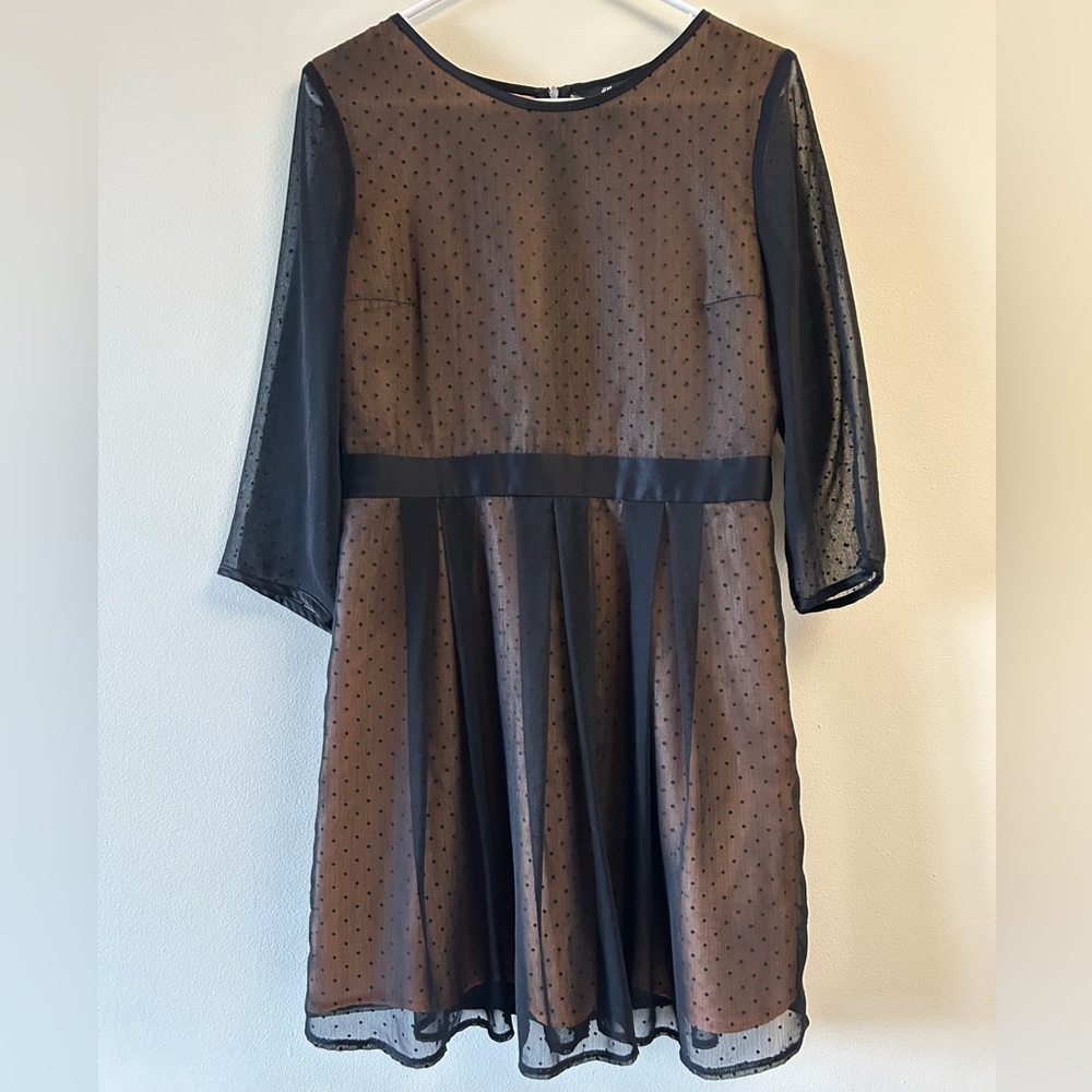 H&M Sheer Polka Dot Black Pleated Party Dress Peach Lining Size 10